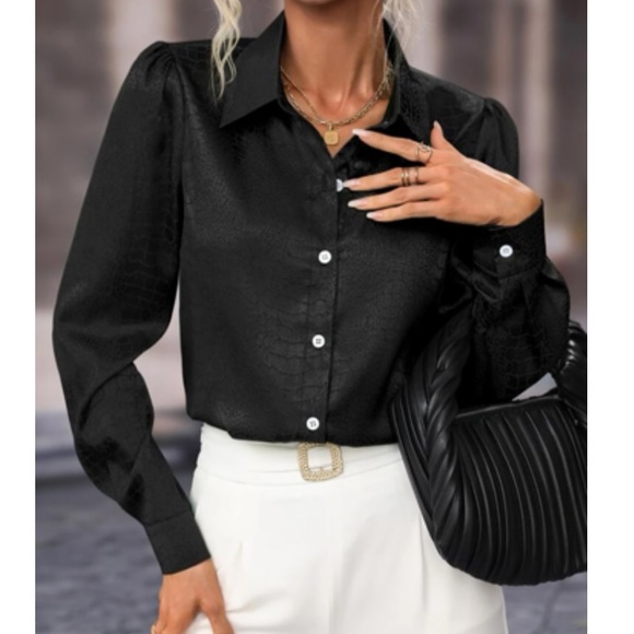 Luxe jacquard button down satin blouse - Picture 1 of 16